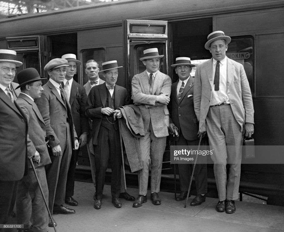 Tommy Gibbons, third from the right, arriving to London in 1924 for his fight with Jack Bloomfield